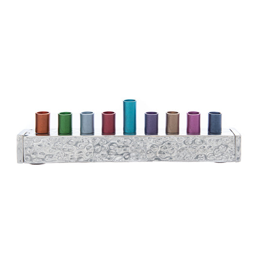 Hammered Strip Menorah with Multi-Colored Candle Holders