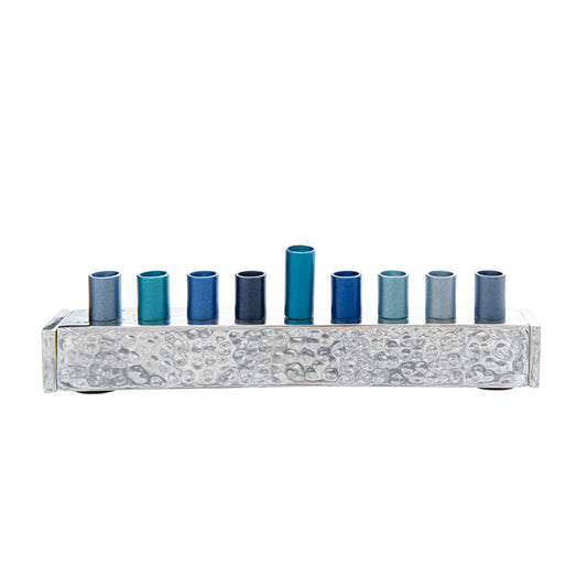 Hammered Strip Menorah with Multi-Colored Candle Holders - Shades of Blue