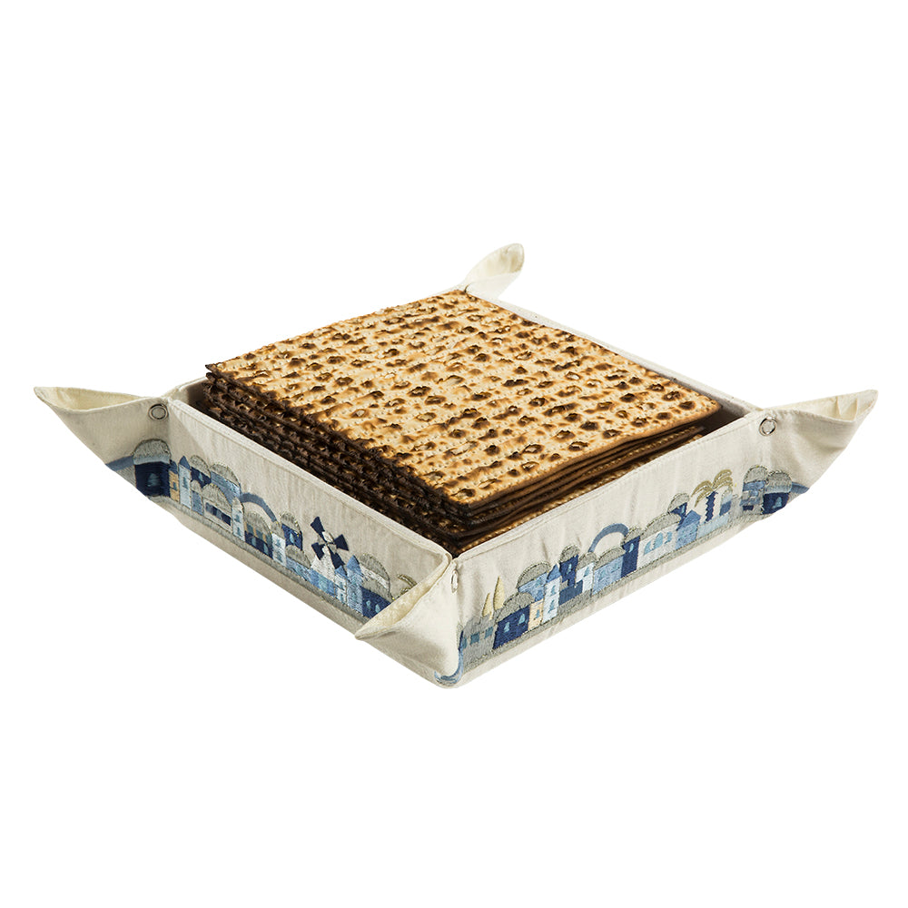 Embroidered Folding Matzah Box – Jerusalem Blue