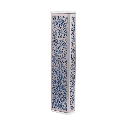 Modern Wide Mezuzah Case - Pomegranates Filigree - Blue