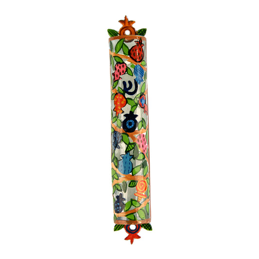 Hand-Painted Laser Cut Metal Mezuzah – Pomegranate Design