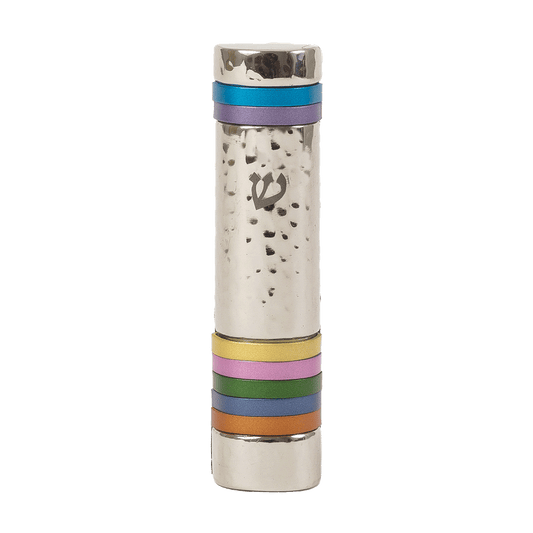 Hammered Aluminum Mezuzah Case with Colorful Rings – 4.7"