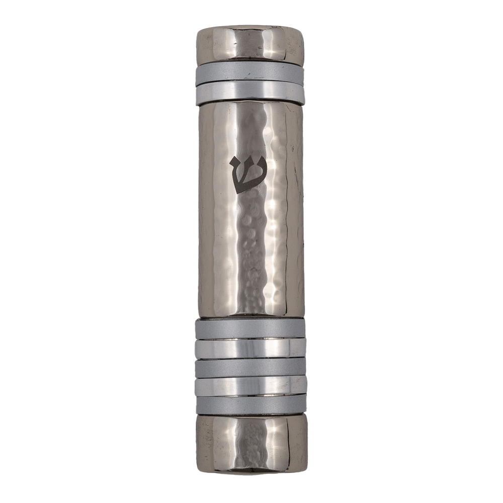 Hammered Aluminum Mezuzah Case with Colorful Rings – 4.7" - Gray