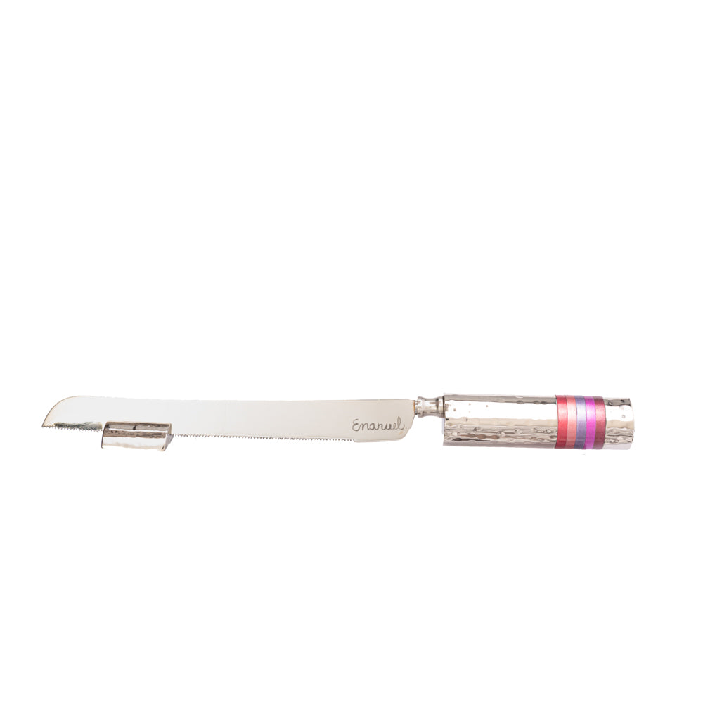 Challah Knife and Stand – Hammered Handle with Colored Rings - Maroon