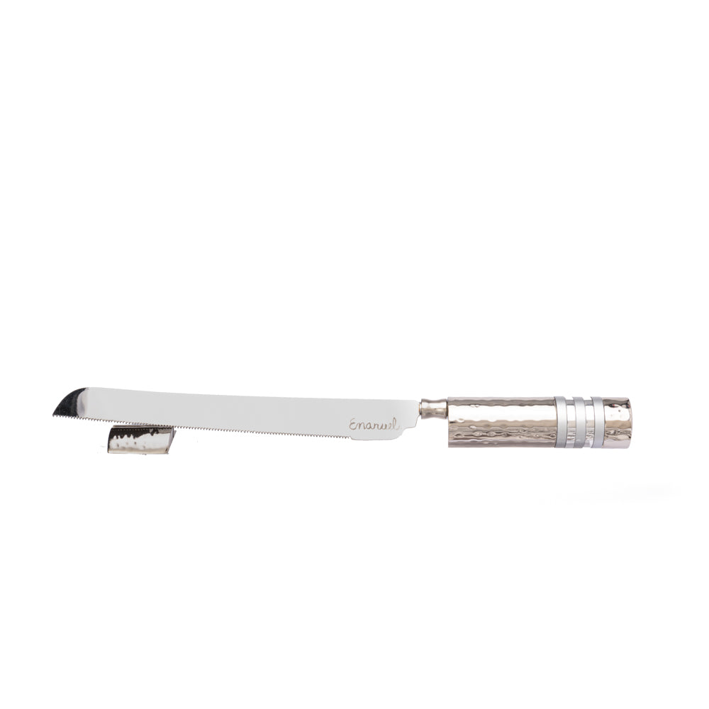 Challah Knife and Stand – Hammered Handle with Colored Rings - Shades of Silver