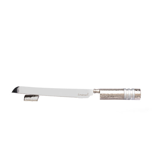 Challah Knife and Stand – Hammered Handle with Colored Rings - Shades of Silver