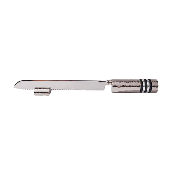 Challah Knife and Stand – Hammered Handle with Colored Rings - Black Rings