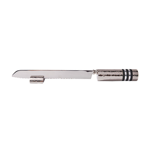 Challah Knife and Stand – Hammered Handle with Colored Rings - Black Rings