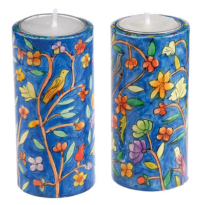 Hand Painted Birds and Flowers Tealight Candle Holders - 4"