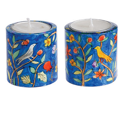 Hand-Painted Shabbat Tealight Candle Holders - Birda and Flowers