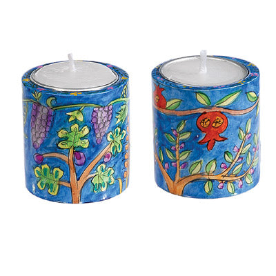 Hand-Painted Shabbat Tealight Candle Holders - Seven Species
