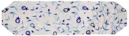 Table Runner with Silk Pomegranate Embroidery - Shades of Blue, 39 inch - 100 CM
