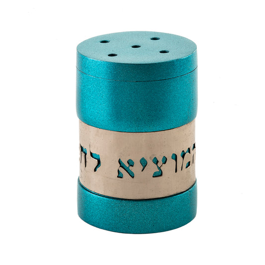Anodized Aluminum Salt Shaker - "Hamotzi Lechem" - Turquoise
