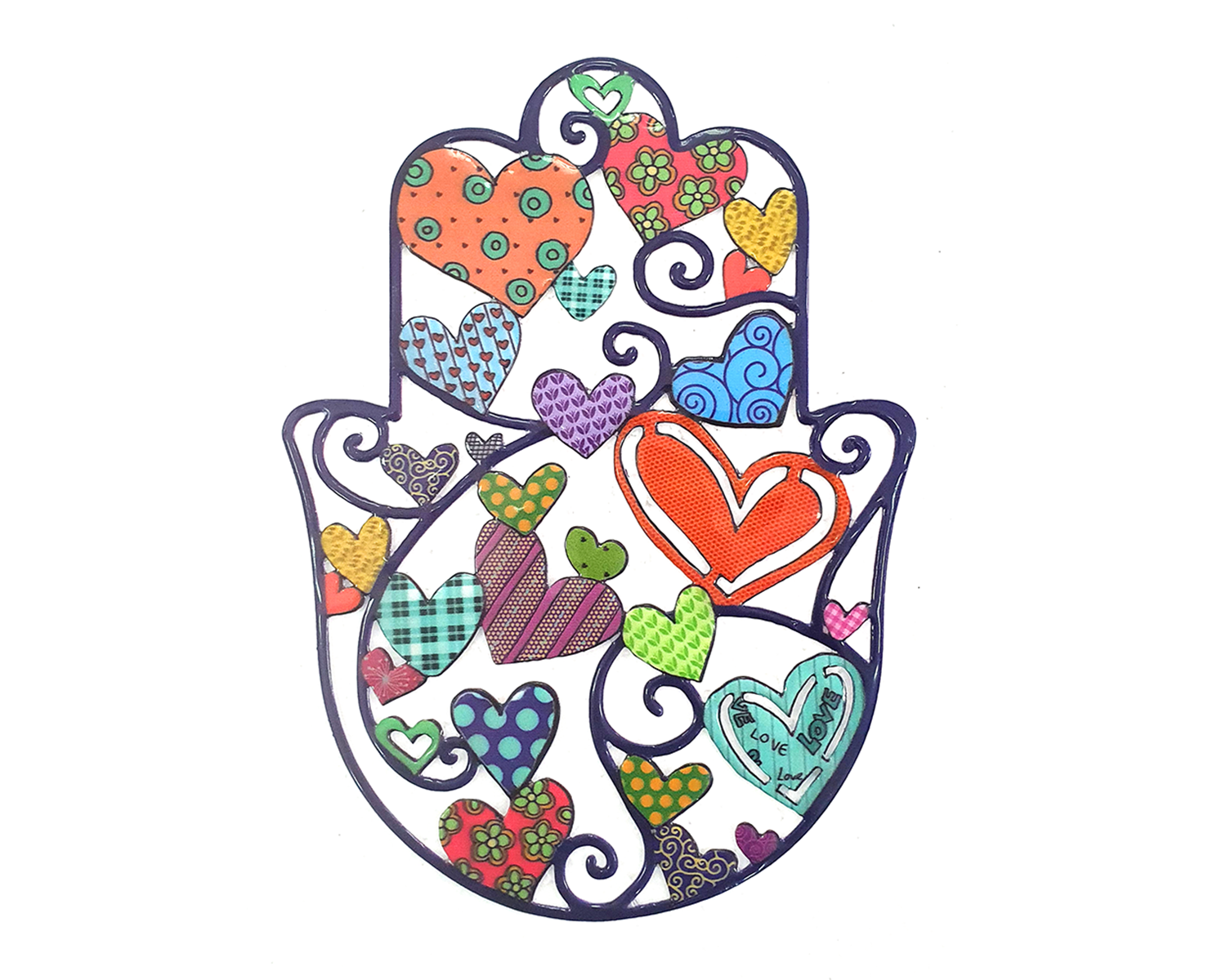 Metal Hamsa Wall Decor with Vibrant Illustrations - Medium - Hearts