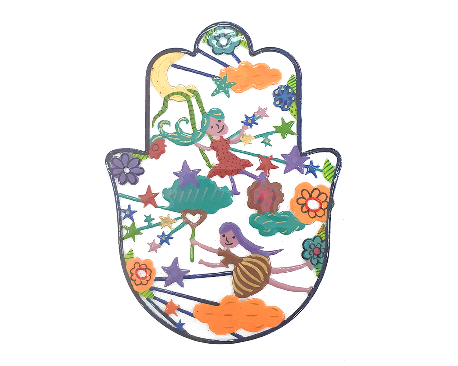 Metal Hamsa Wall Decor with Vibrant Illustrations - Medium - Fairies