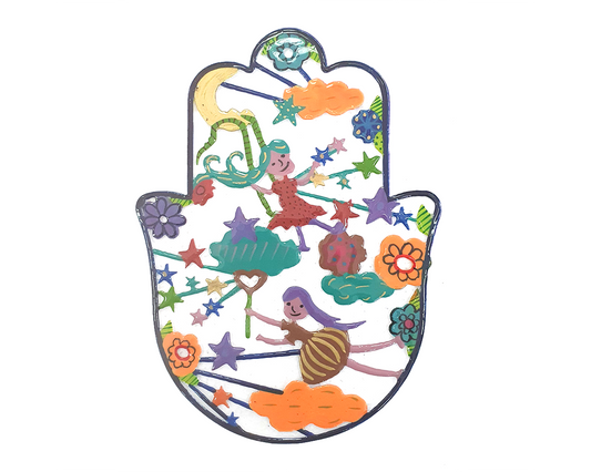 Metal Hamsa Wall Decor with Vibrant Illustrations - Medium - Fairies