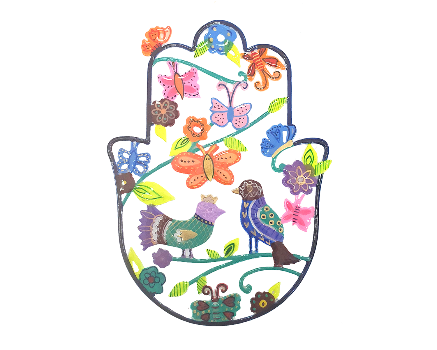 Metal Hamsa Wall Decor with Vibrant Illustrations - Medium - Birds