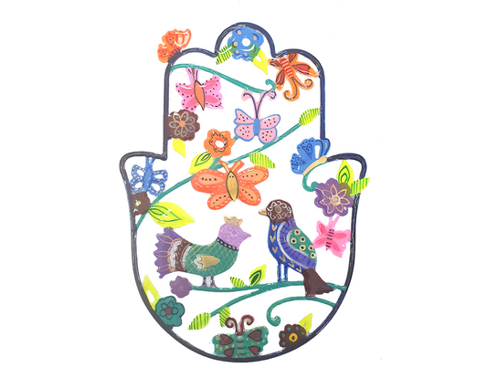 Metal Hamsa Wall Decor with Vibrant Illustrations - Medium - Birds