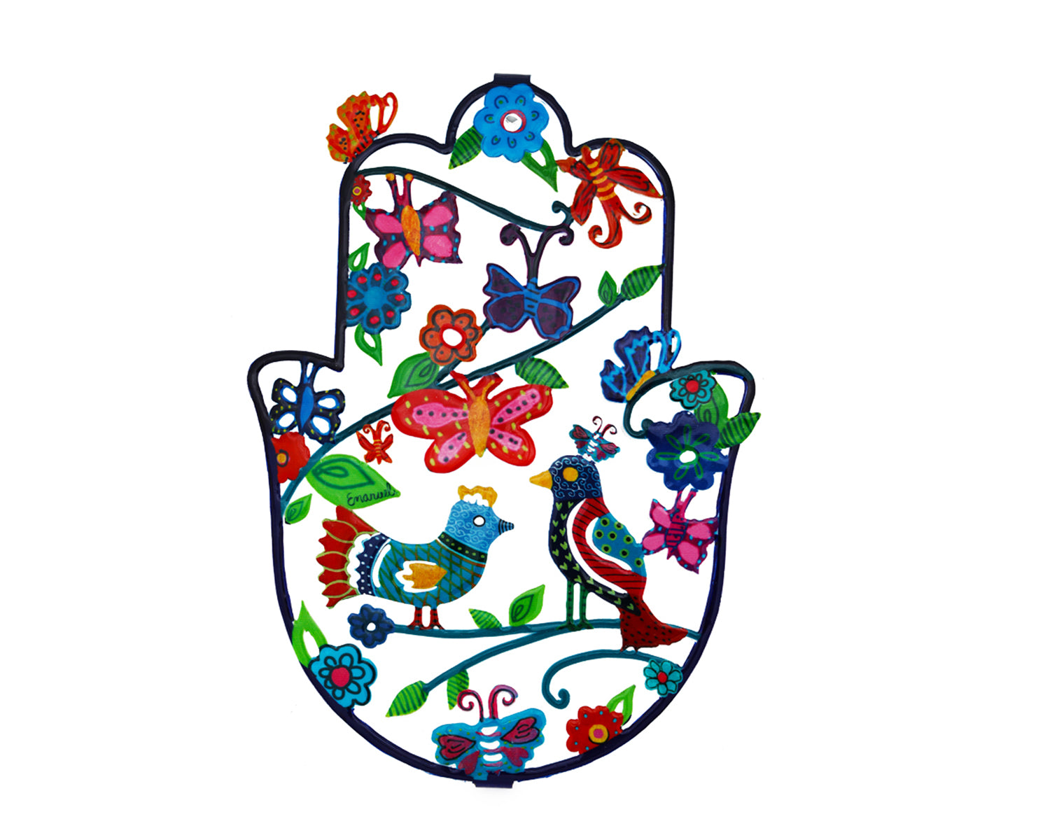 Metal Hamsa Wall Decor with Vibrant Illustrations - Large - Birds