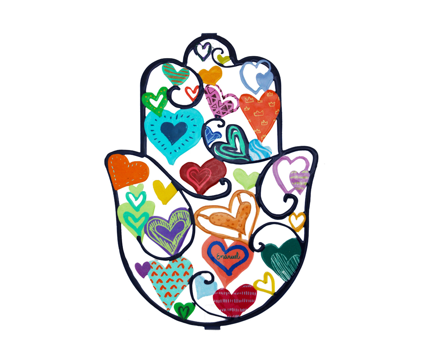 Metal Hamsa Wall Decor with Vibrant Illustrations - Large - Hearts