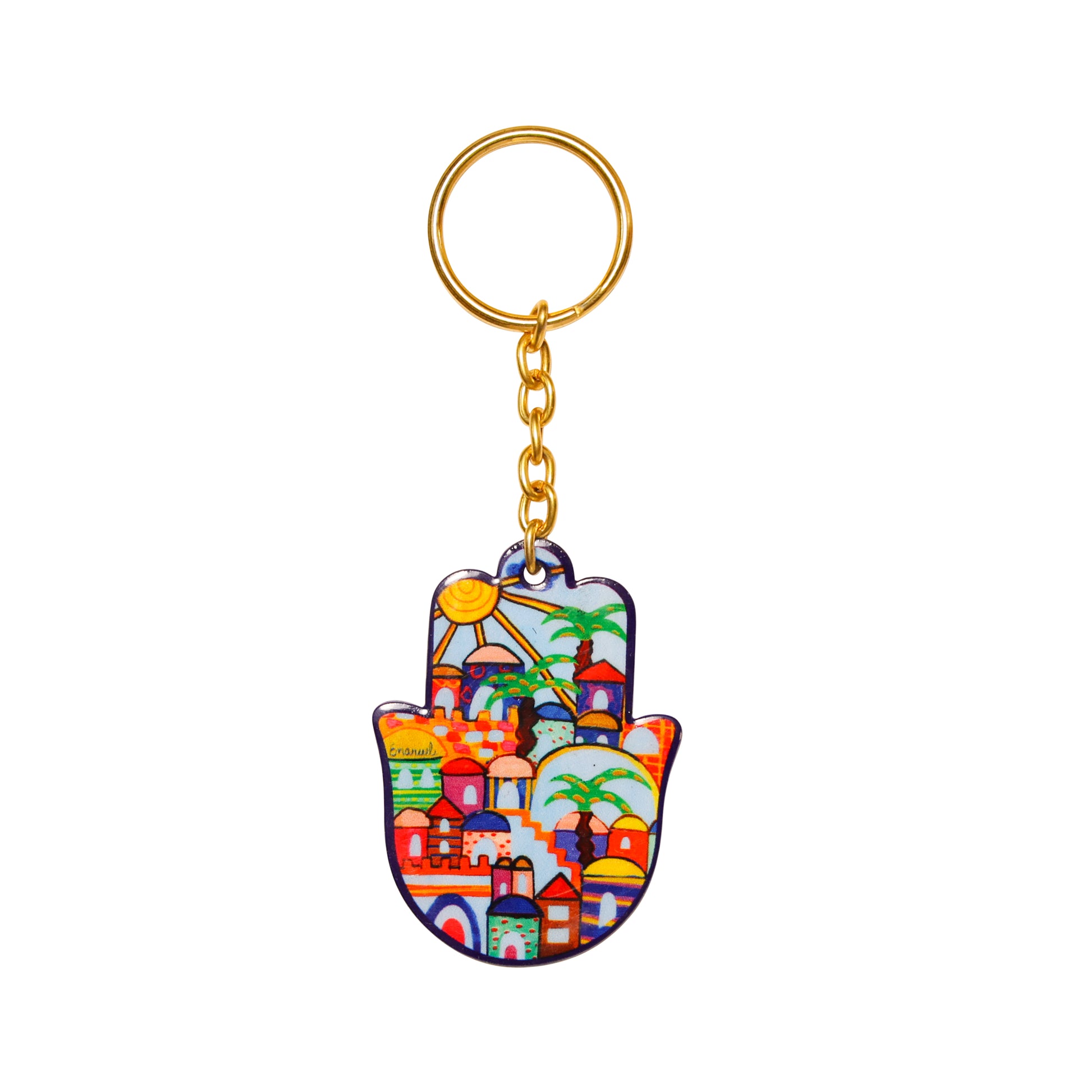 Metal Hamsa Hand Keychain Charm - 1.7" - Jerusalem