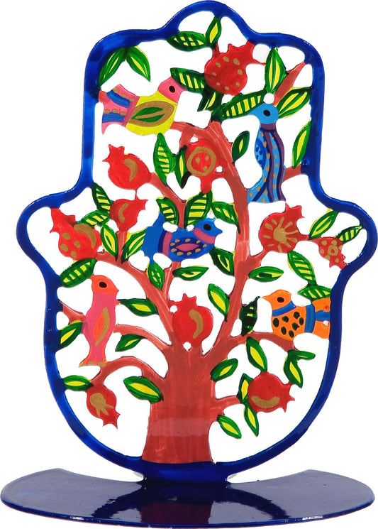 Hand-Painted Standing Hamsa - Tree of Life with Birds and Pomegranates