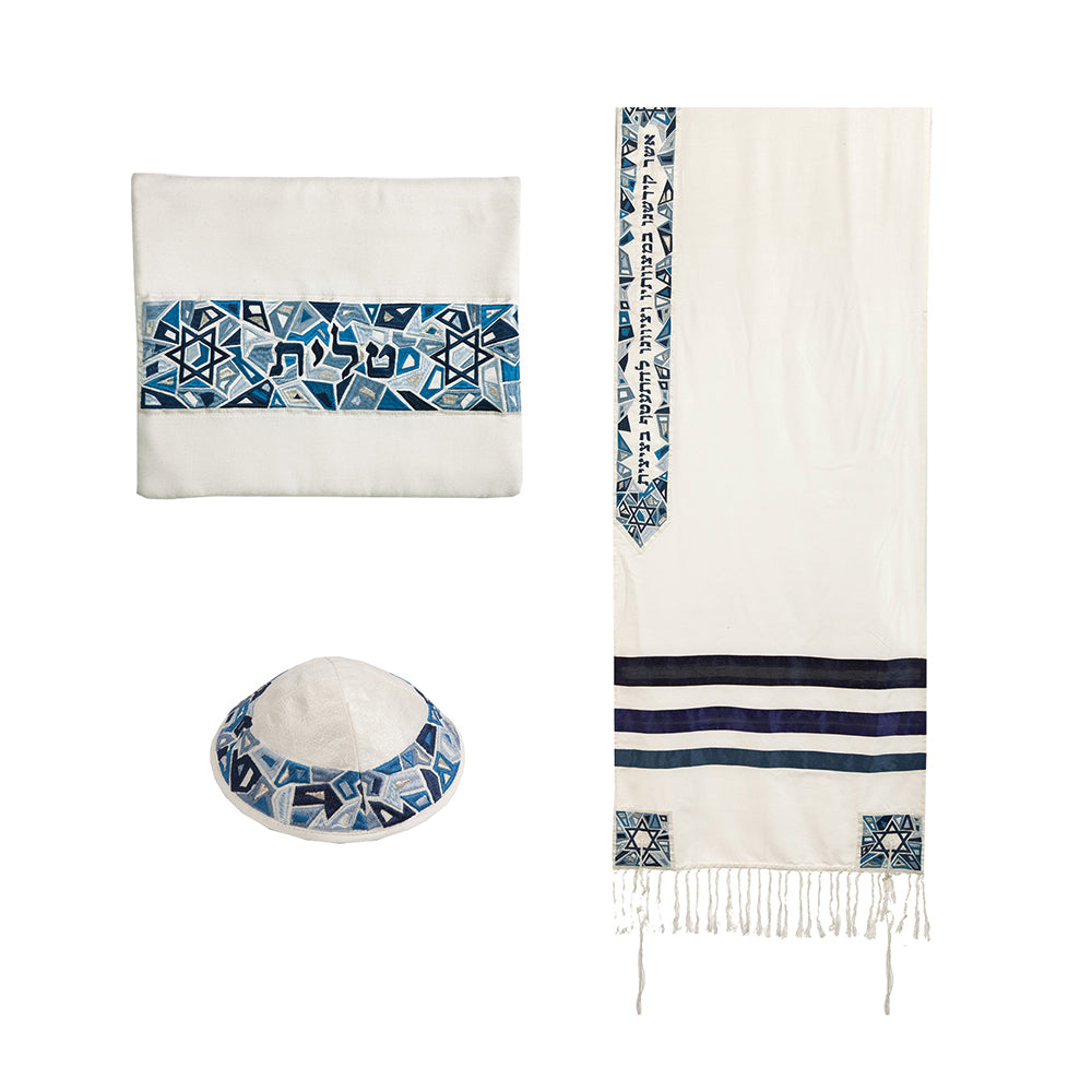 Embroidered Silk Tallit Set - Geometric Blue Magen David