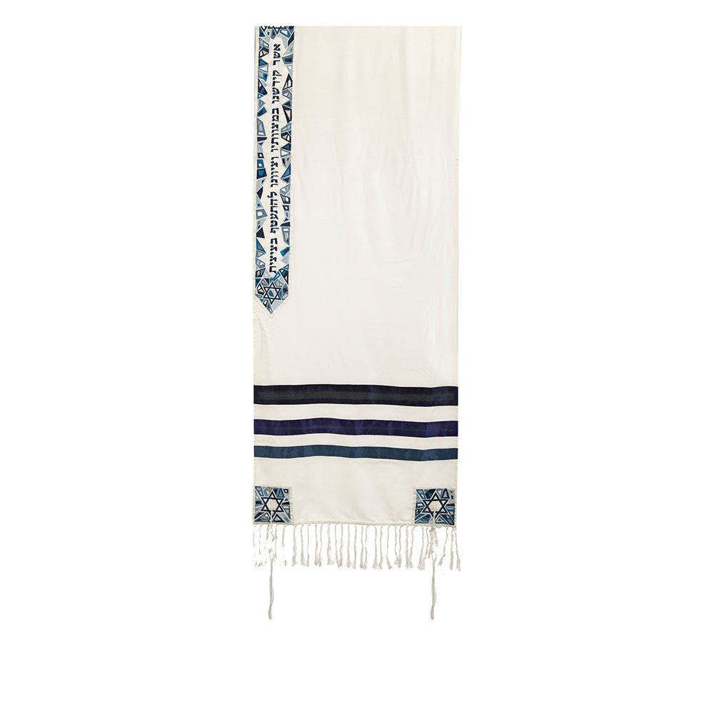 Embroidered Silk Tallit Set - Geometric Blue Magen David