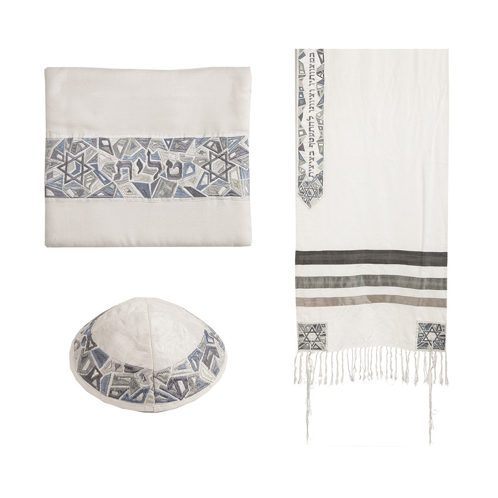 Embroidered Silk Tallit Set - Geometric Magen David - Gray