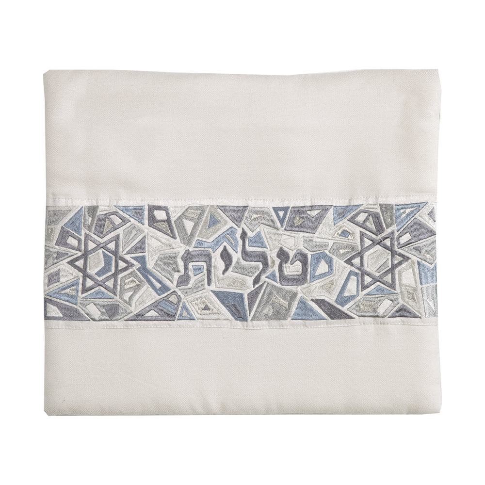 Embroidered Silk Tallit Set - Geometric Magen David - Gray