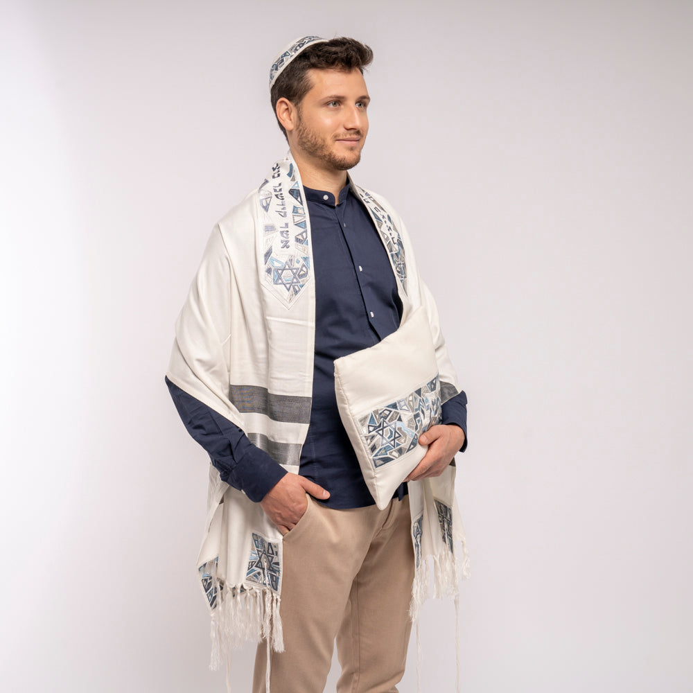 Embroidered Silk Tallit Set - Geometric Magen David - Gray