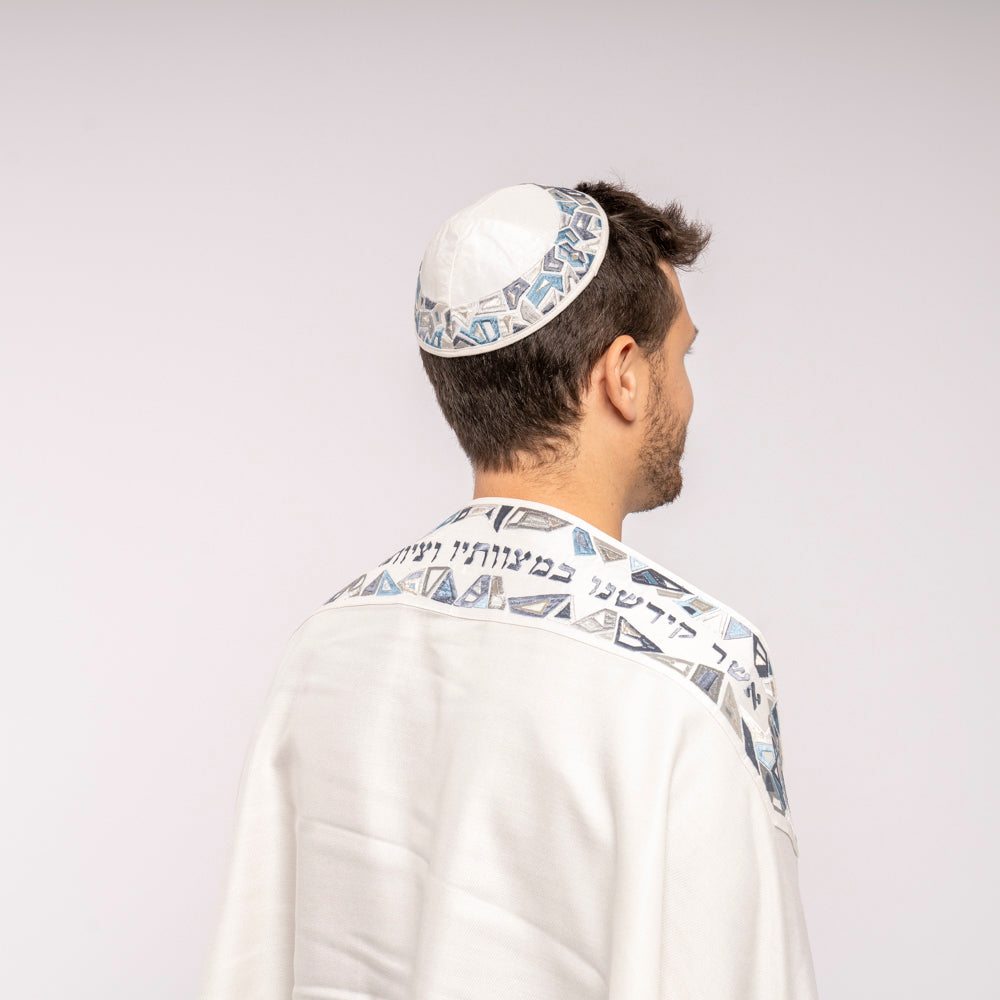 Embroidered Silk Tallit Set - Geometric Magen David - Gray