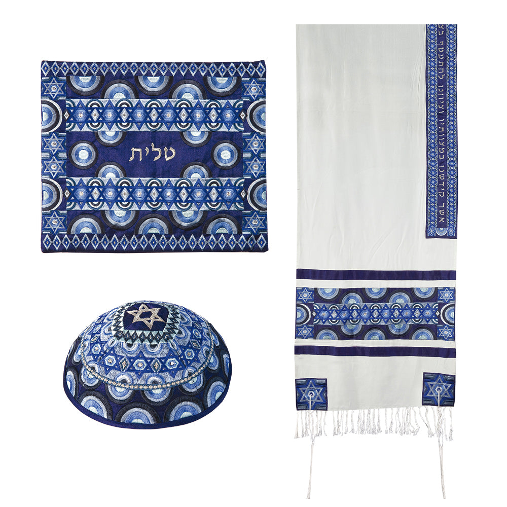 Embroidered Magen David Tallit Set - Blue Rainbows