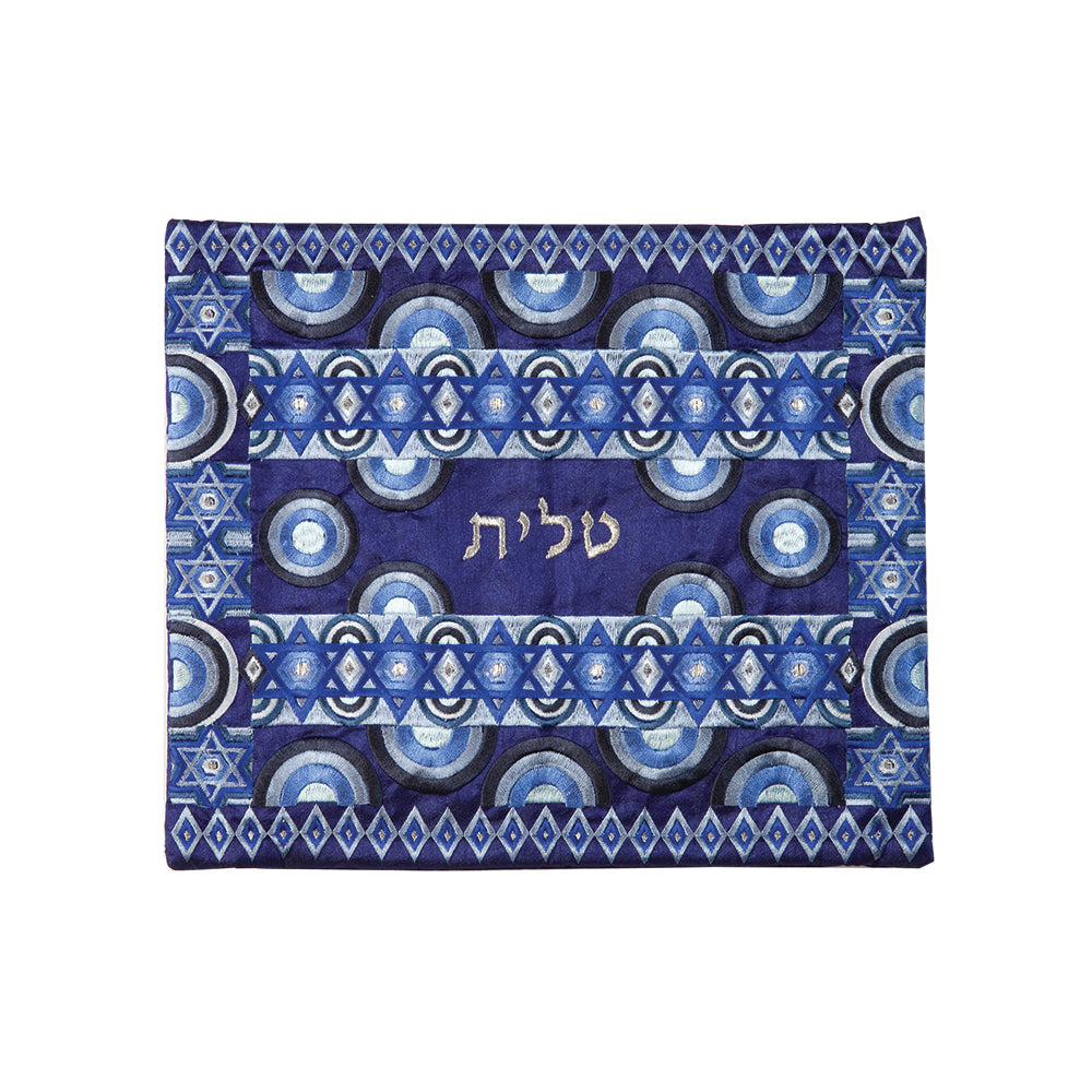 Embroidered Magen David Tallit Set - Blue Rainbows