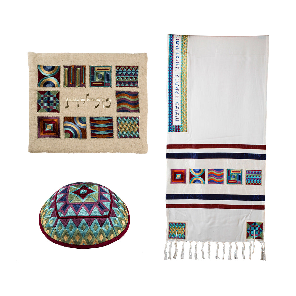 Silk Embroidered Tallit Set - Geometric Square Design