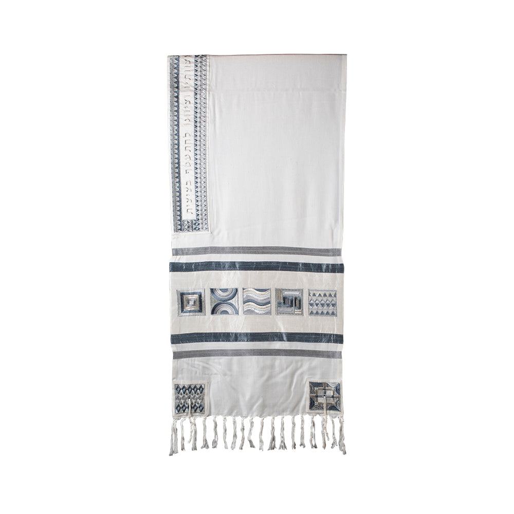 Silk Embroidered Tallit Set - Geometric Square Design