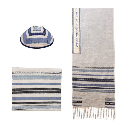 Blue Woven Tallit Set – Cotton and Silk