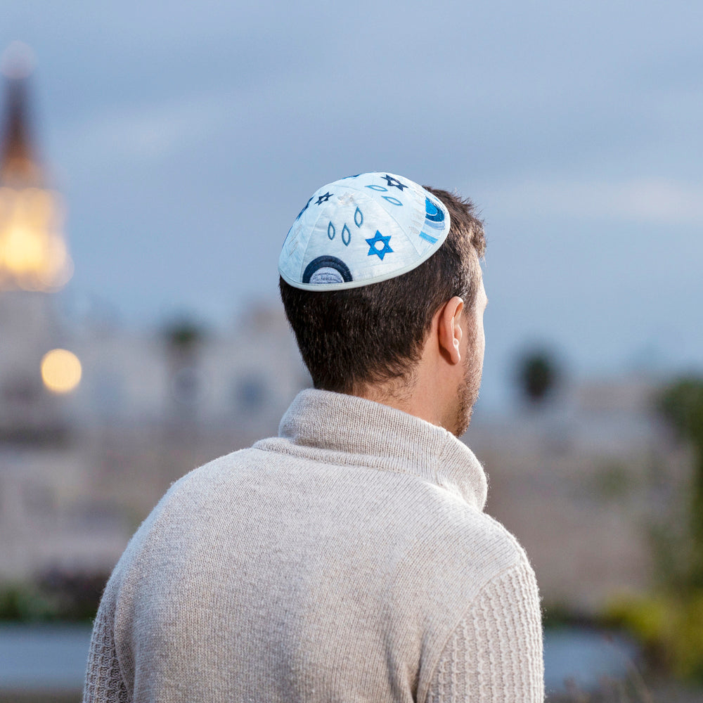 Embroidered Kippah - Hannukah Menorahs Blue