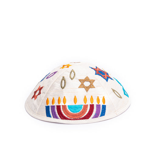 Embroidered Kippah - Hannukah Menorahs