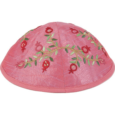 Embroidered Kippah - Pomegranate Branch - Pink