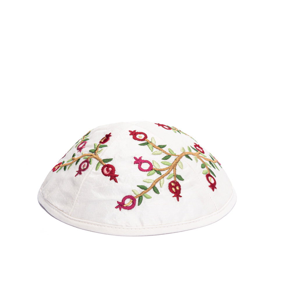 Embroidered Kippah - Pomegranate Branch - White