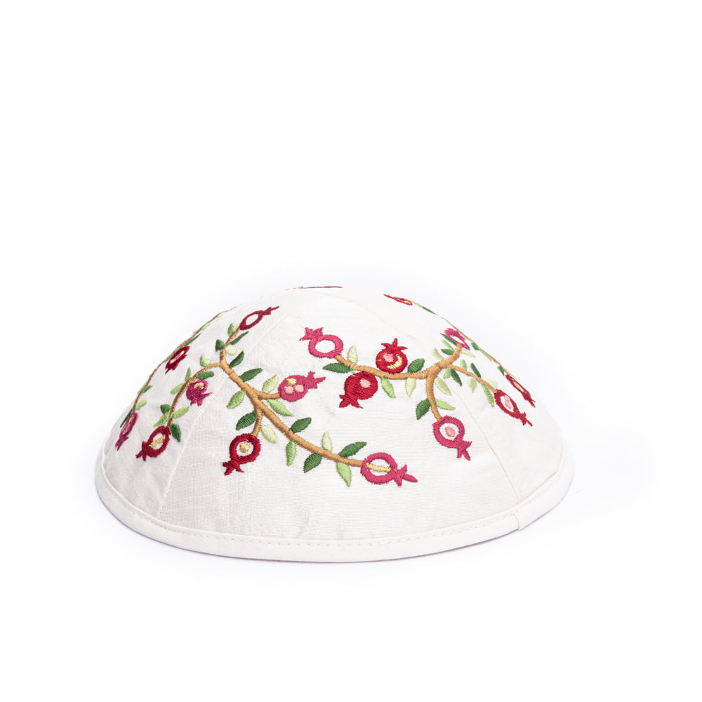 Embroidered Kippah - Pomegranate Branch - White