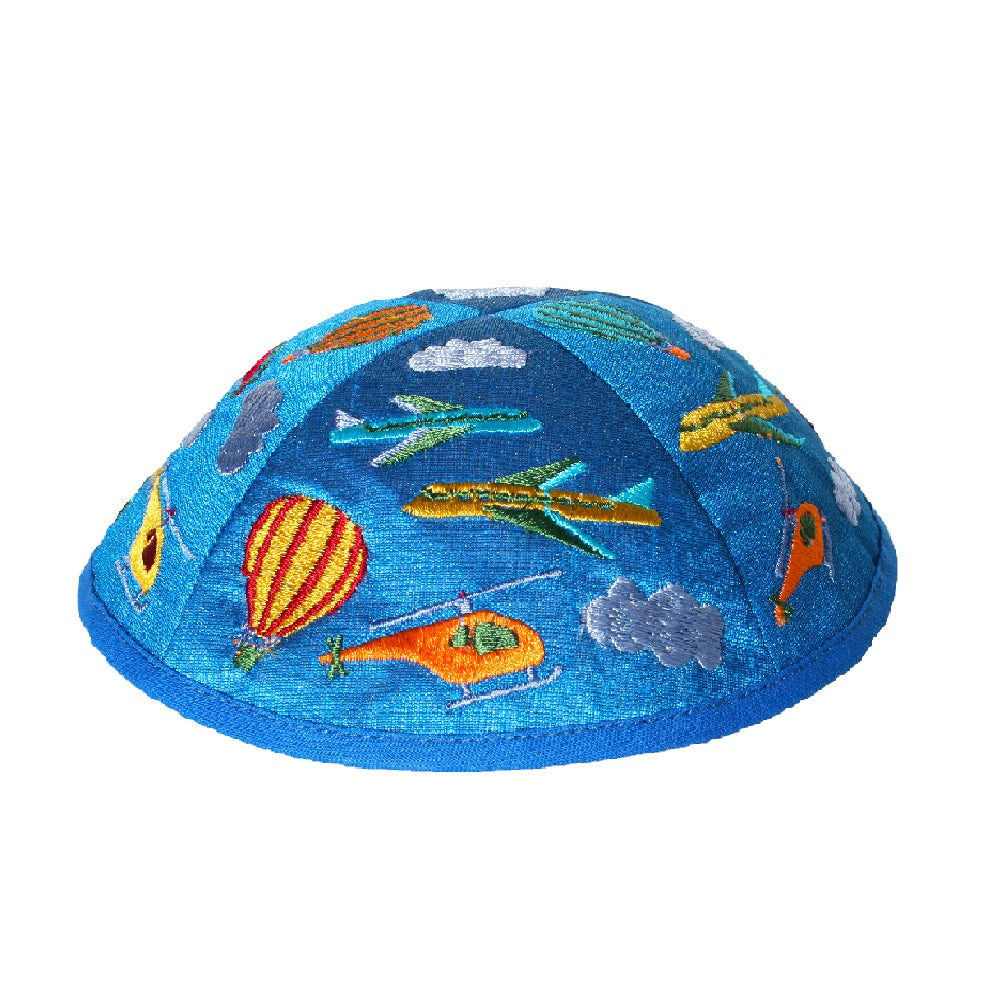 Children’s Kippah – Embroidered Airplanes - Blue