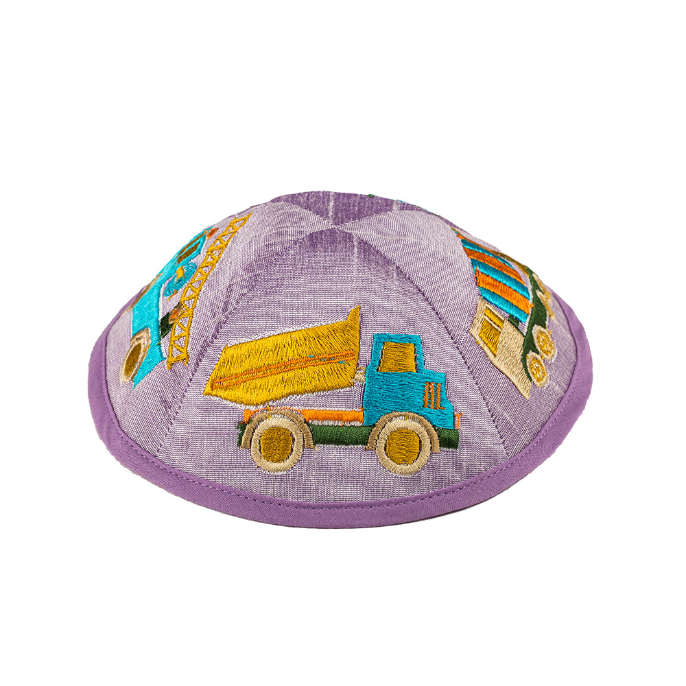 Children’s Kippah – Tractors and Trucks Embroidery - Lilac