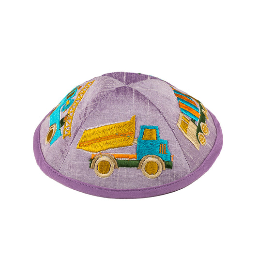 Children’s Kippah – Tractors and Trucks Embroidery - Lilac