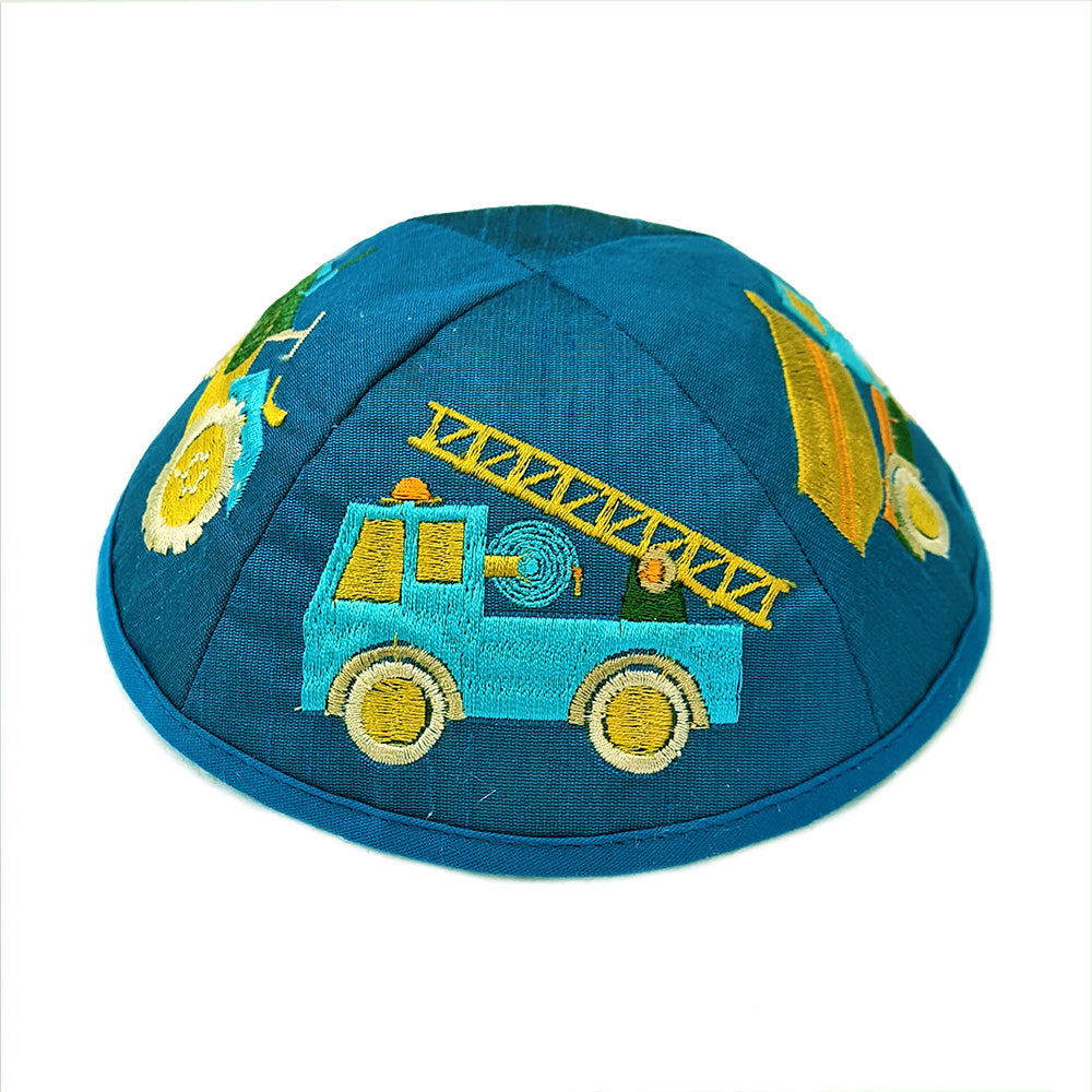 Children’s Kippah - Tractors and Trucks Embroidery - Blue