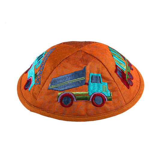 Children’s Kippah – Tractors and Trucks Embroidery - Orange