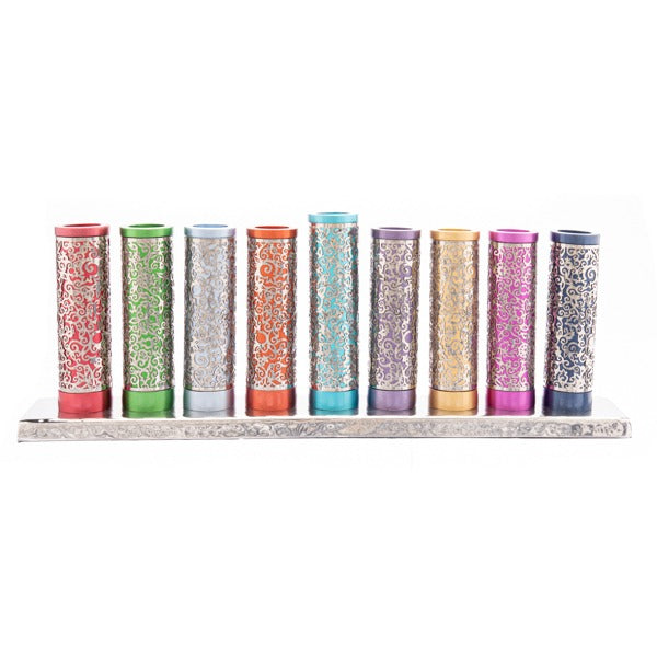 Cutout Metal Menorah, Multicolor Cylinders