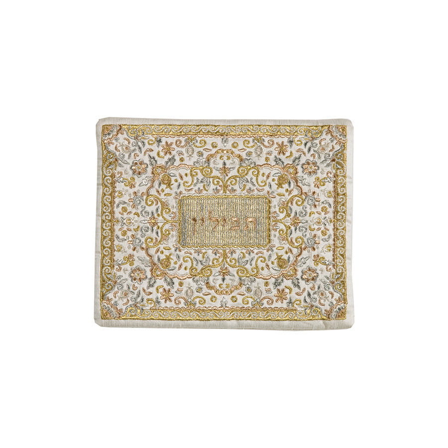 Embroidered Silk Tefillin Bag, Silver and Gold