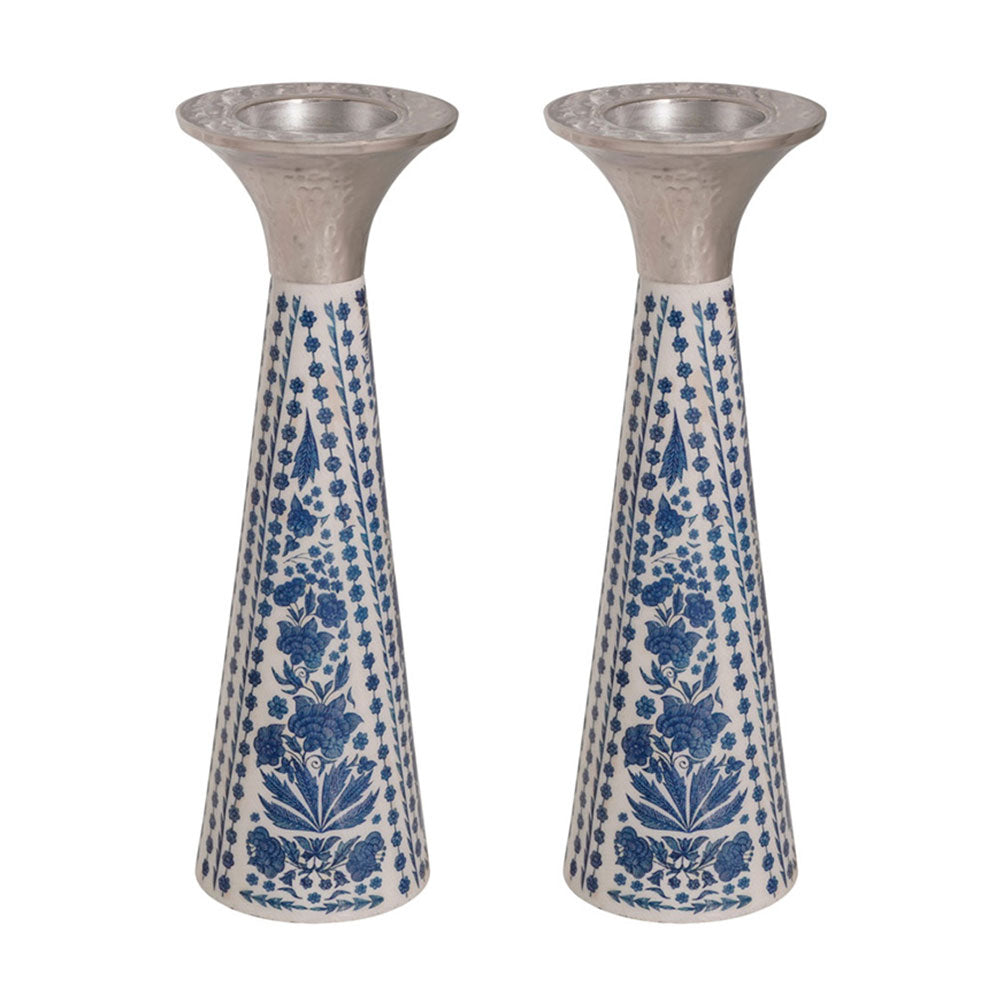 Neema Enamel Metal Candlesticks, Blue Floral